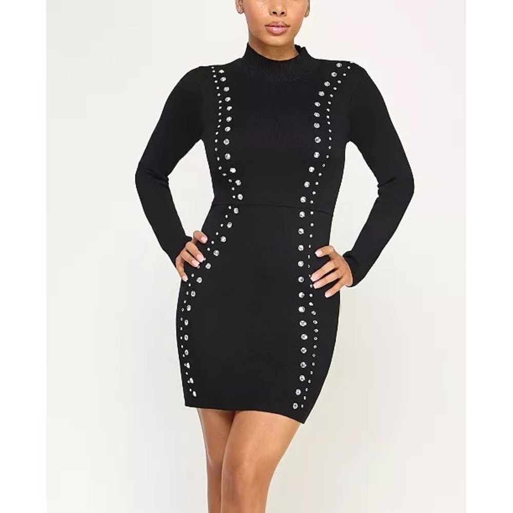 Invitee Jrs. Black Rhinestone Studded Mock Neck Long Sleeve Bodycon Mini Dress S